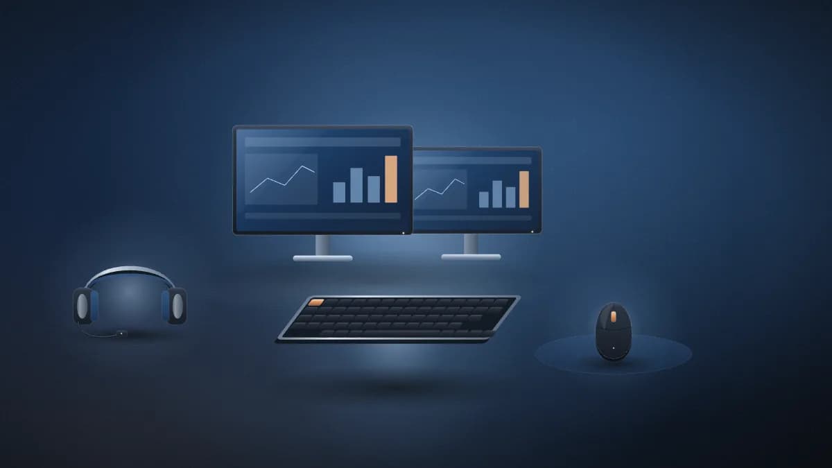 Monitor, keyboard and mouse arranged as a professional business workstation