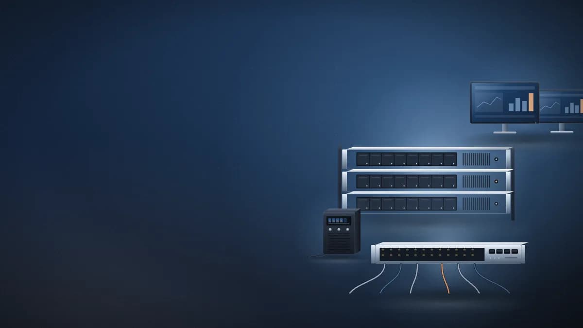 Business servers, network equipment and workstation accessories arranged as an enterprise technology showcase