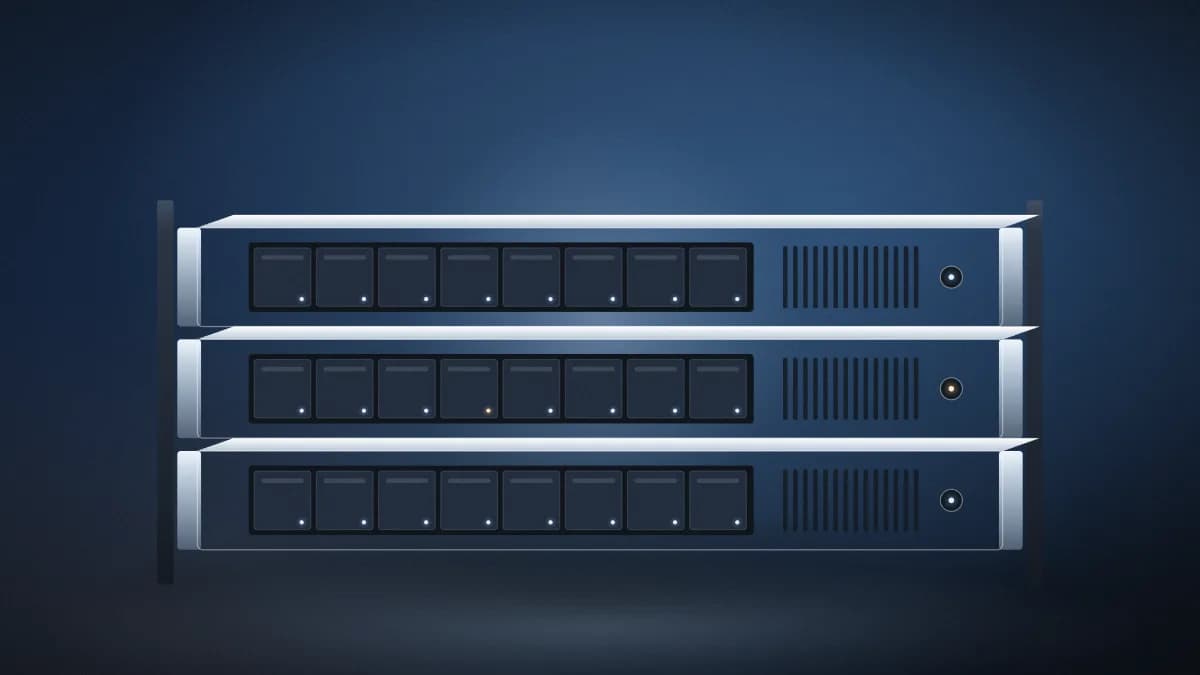 Rack-mounted servers with drive bays and status lights