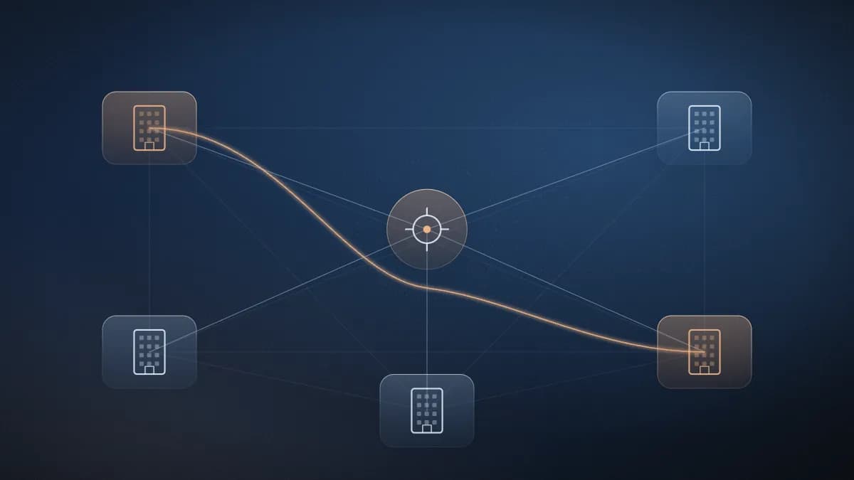 Branch offices linked through a central controller with one optimised route highlighted