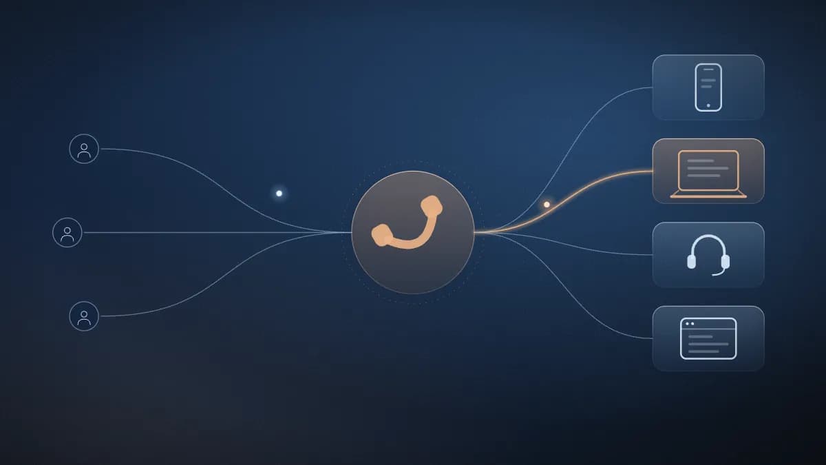 One business number routing customer calls to phones, laptops and headsets