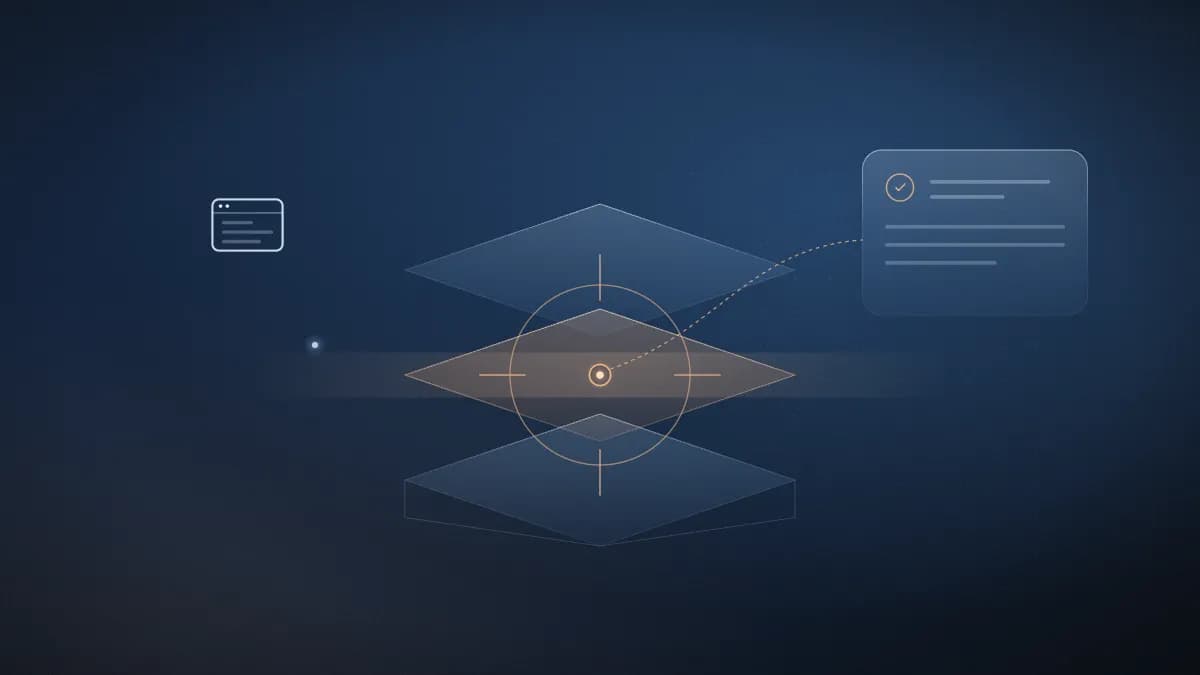 Layered application stack under a scan reticle with a finding added to a report